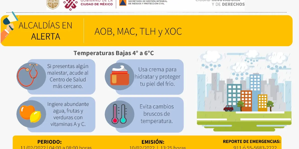 Álvaro Obregón, Magdalena Contreras, Tláhuac y Xochimilco tendrán bajas temperaturas en las horas cercanas al amanecer del viernes 11 de febrero del 2022.
 