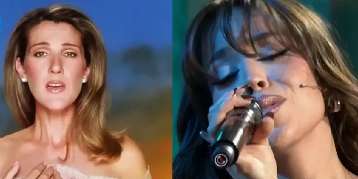 Celine Dion en el video del tema del Titanic, a la derecha, Danna Paola canta en vivo el mismo tema (Fuente: Telediario)