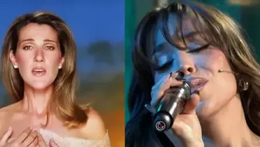 Celine Dion en el video del tema del Titanic, a la derecha, Danna Paola canta en vivo el mismo tema (Fuente: Telediario)