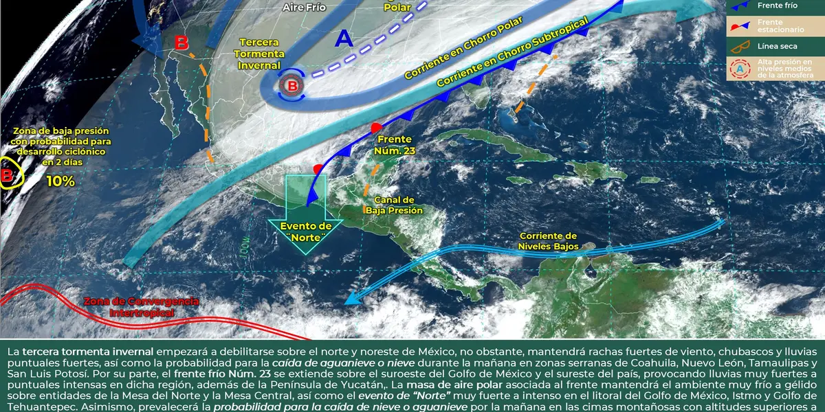 El clima para este sábado 22 de enero traerá bajas temperaturas debido a que el frente frío 23 se extiende sobre el sureste de México.