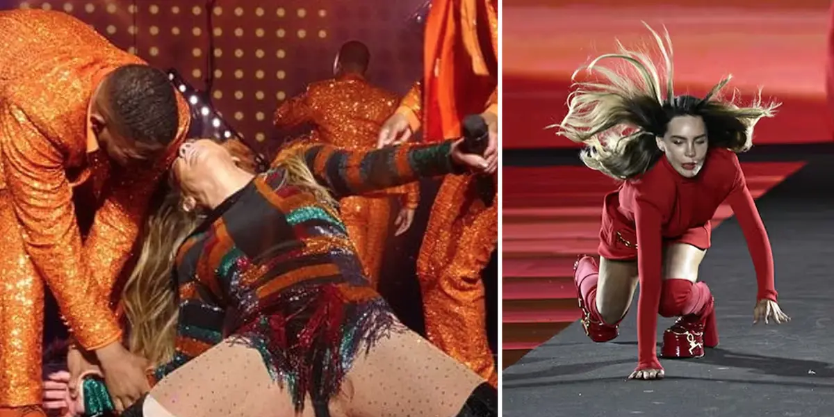 Izq.: Jennifer Lopez durante su actuación en Las Vegas | Grosby Group. Der.: Belinda se tropieza y cae en la Semana de la Moda de París. Foto: AFP