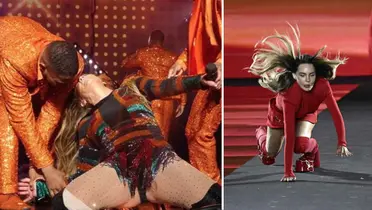 Izq.: Jennifer Lopez durante su actuación en Las Vegas | Grosby Group. Der.: Belinda se tropieza y cae en la Semana de la Moda de París. Foto: AFP